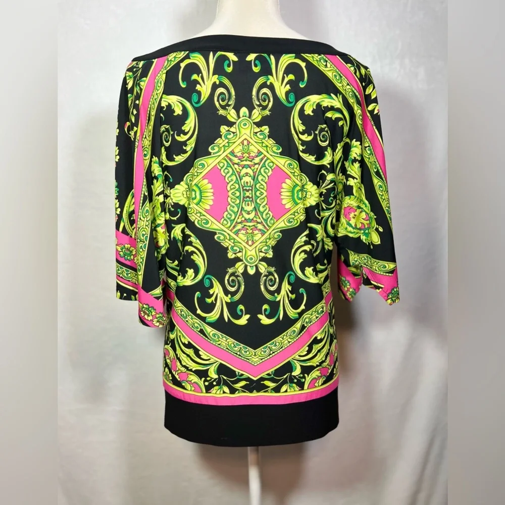 Joseph Ribkoff Baroque Blouse Size 8 Black Pink Green Boat Neck Statement Top - Picture 4 of 6